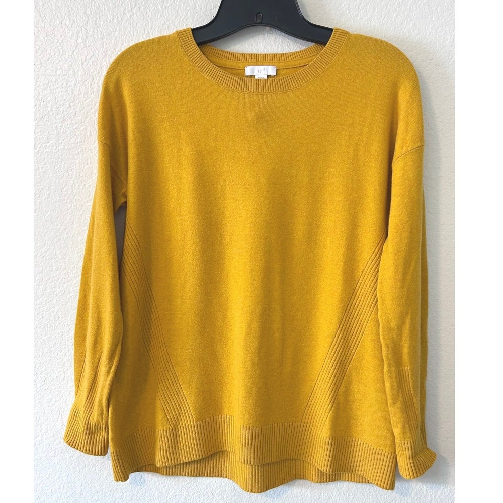 J. Jill Mustard Yellow Ribbed Detail Crewneck Sweater‎ XS Petite Cotton Blend